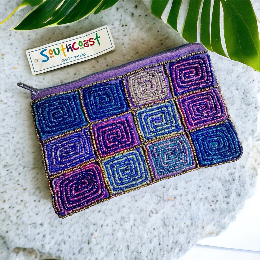South Coast Handmade Boho Beaded Zippered Flat Pouch Bag Case FLAW